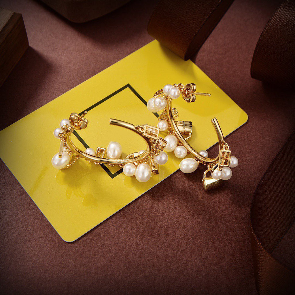 FENDI F BUCKLE PEARL GOLD EARRINGS
